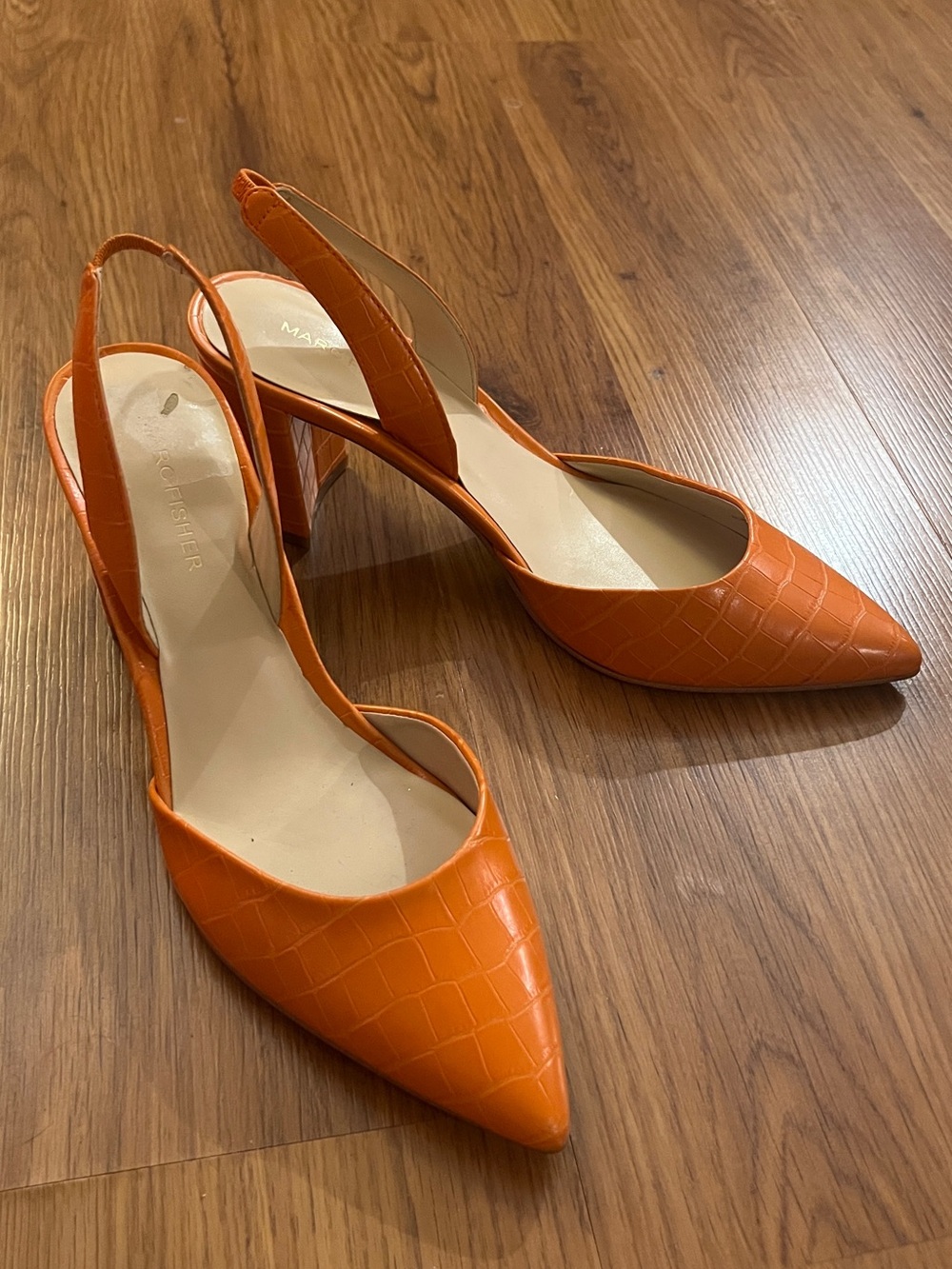 Marc Fisher Orange Croc Embossed Slingback Pointed Toe Block Heel Pumps